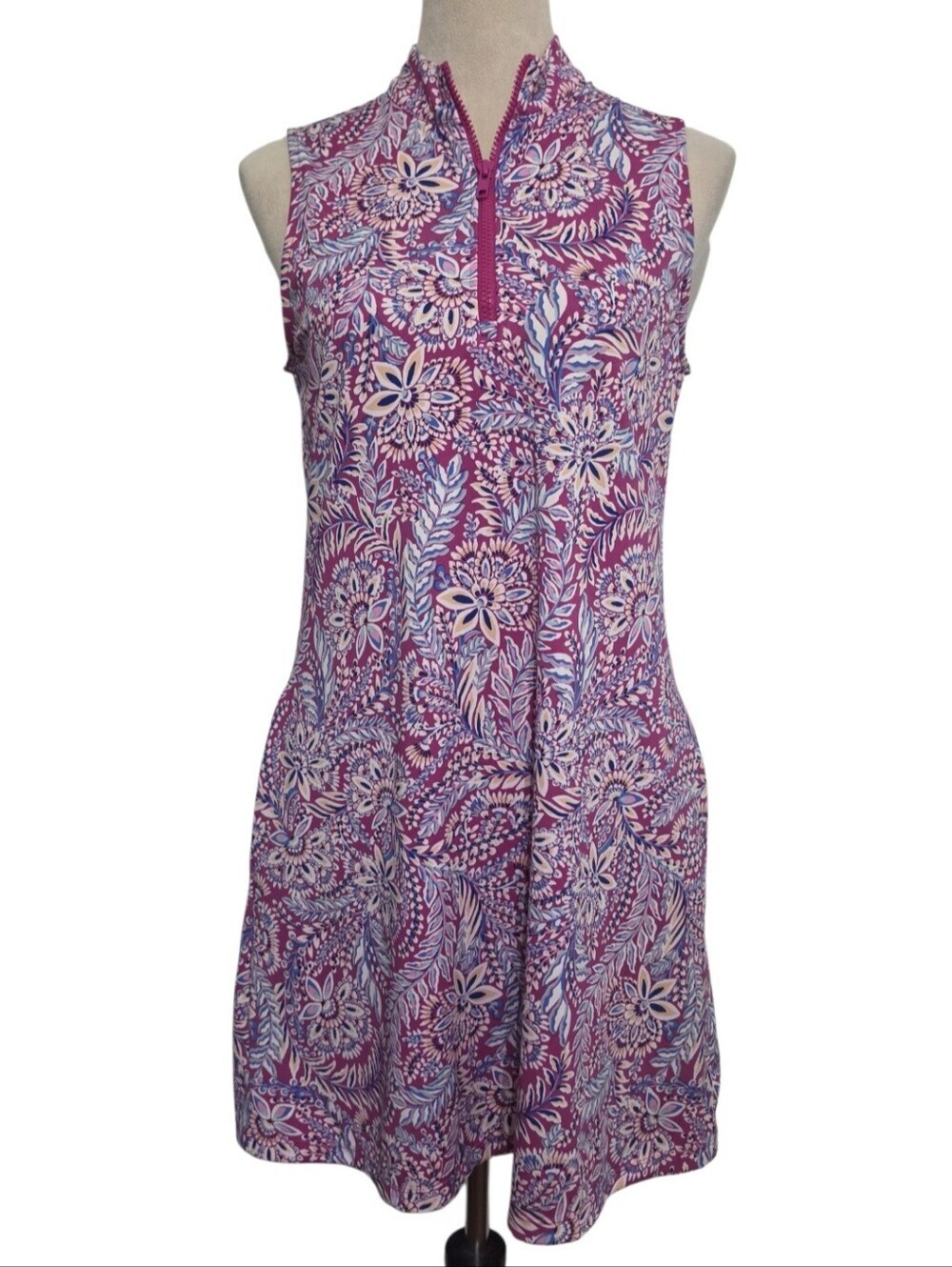 Tommy Bahama Golf Dress Womens M Floral Pink Blue 1/4 Zip Sleeveless Shorts Set - Picture 3 of 14